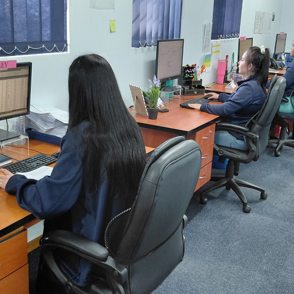 People seated at desks working on desktop computers in an office or classroom setting.