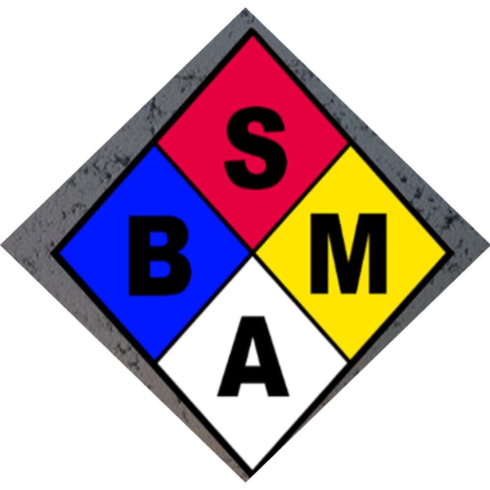 Diamond hazard label with four colored quadrants: blue B, red S, yellow M, white A.