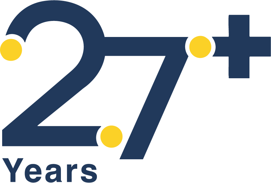 Logo celebrating 27+ years, featuring a stylized dark blue '27+' with yellow dots and the word 'Years' beneath.