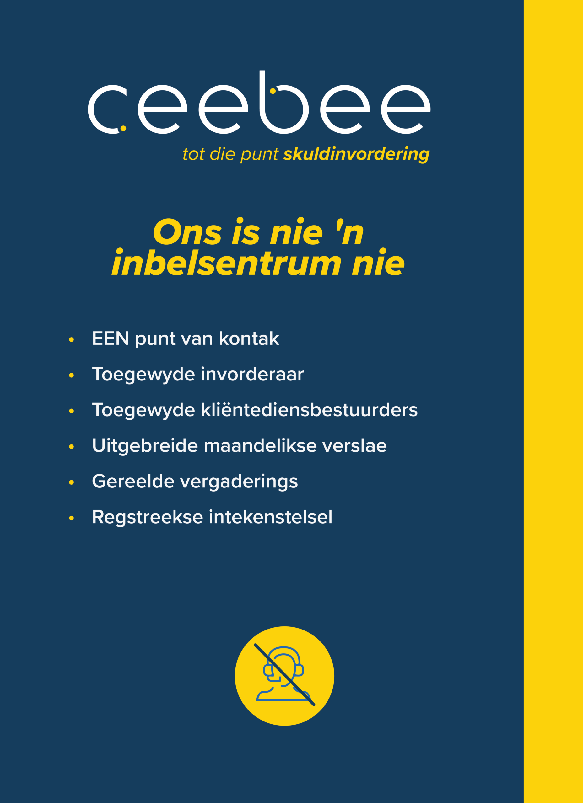 Afrikaans poster for a debt-collection service (ceebee) with a blue background, yellow accents, large logo and bullet list of services.