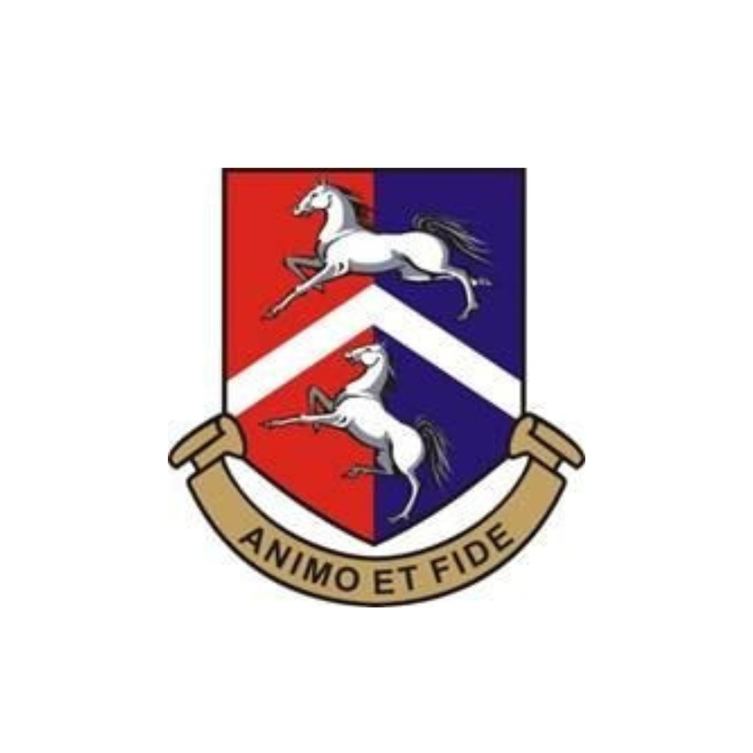 Coat of arms with a red and blue shield, two white horses, and the motto Animo et Fide.