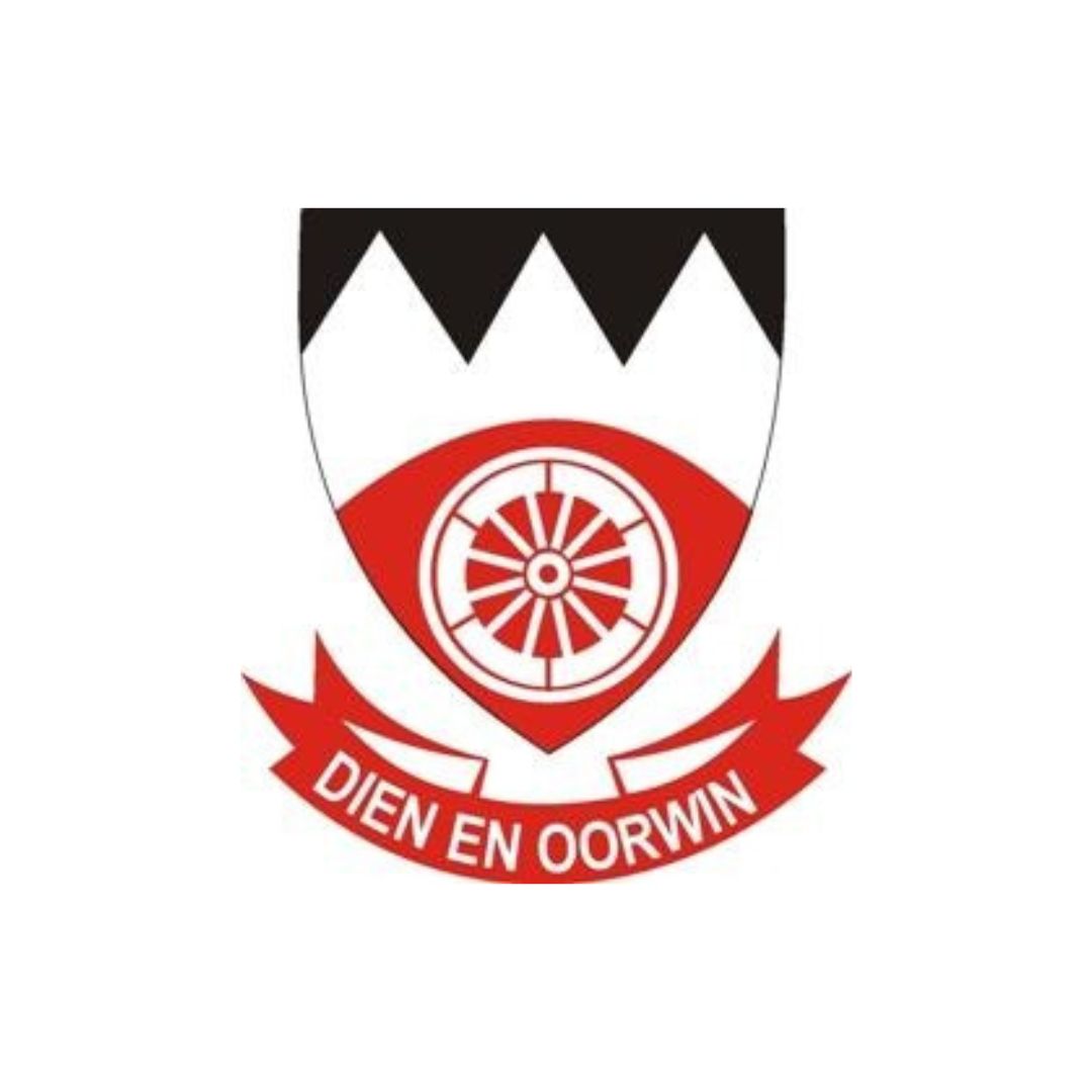 Red-and-white school crest: shield with black zigzag top, central circular wagon wheel, and a red ribbon motto reading 'DIEN EN OORWIN'