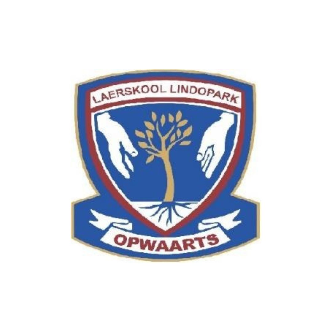 School shield logo: blue shield with a tree between two white hands, top arc reads 'Laerskool Lindopark' and bottom banner 'Opwaarts' (educational emblem).