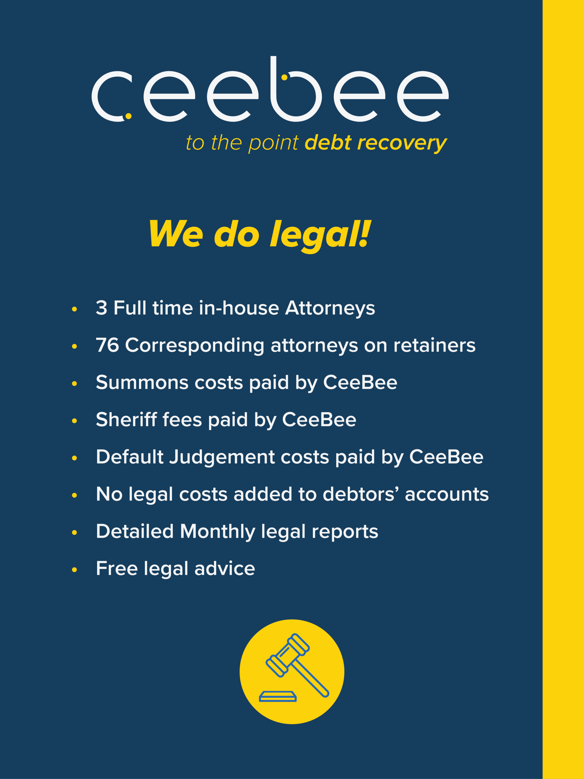 Poster introducing CeeBee debt recovery: dark blue background, yellow accent bar, bold 'We do legal!' and a bulleted list of services with a yellow gavel icon nearby.