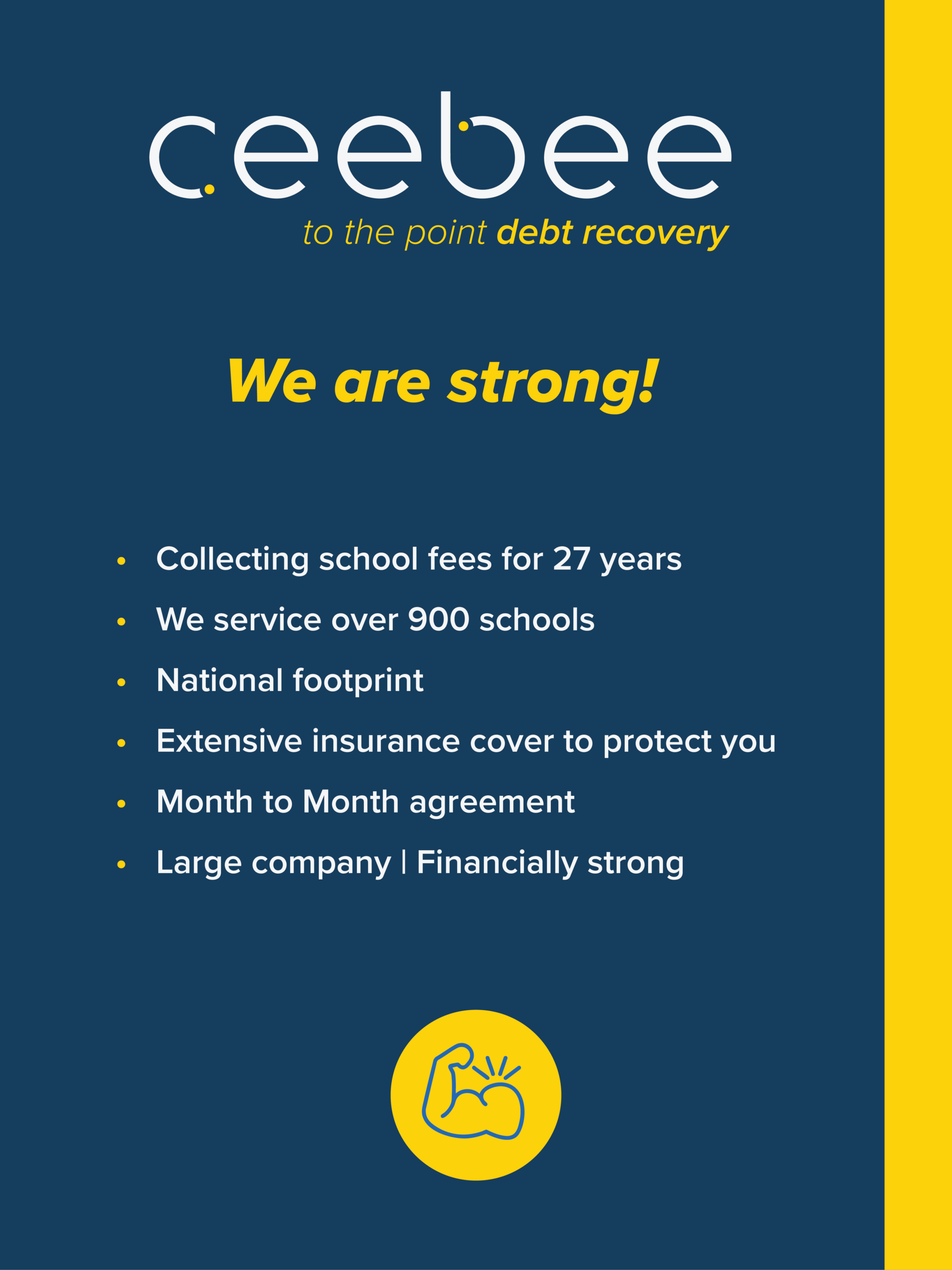 Poster-style image: dark blue background with a yellow edge, large 'We are strong!' in yellow, bullet points of debt-recovery services, and a yellow circle icon with a blue fist near the bottom.