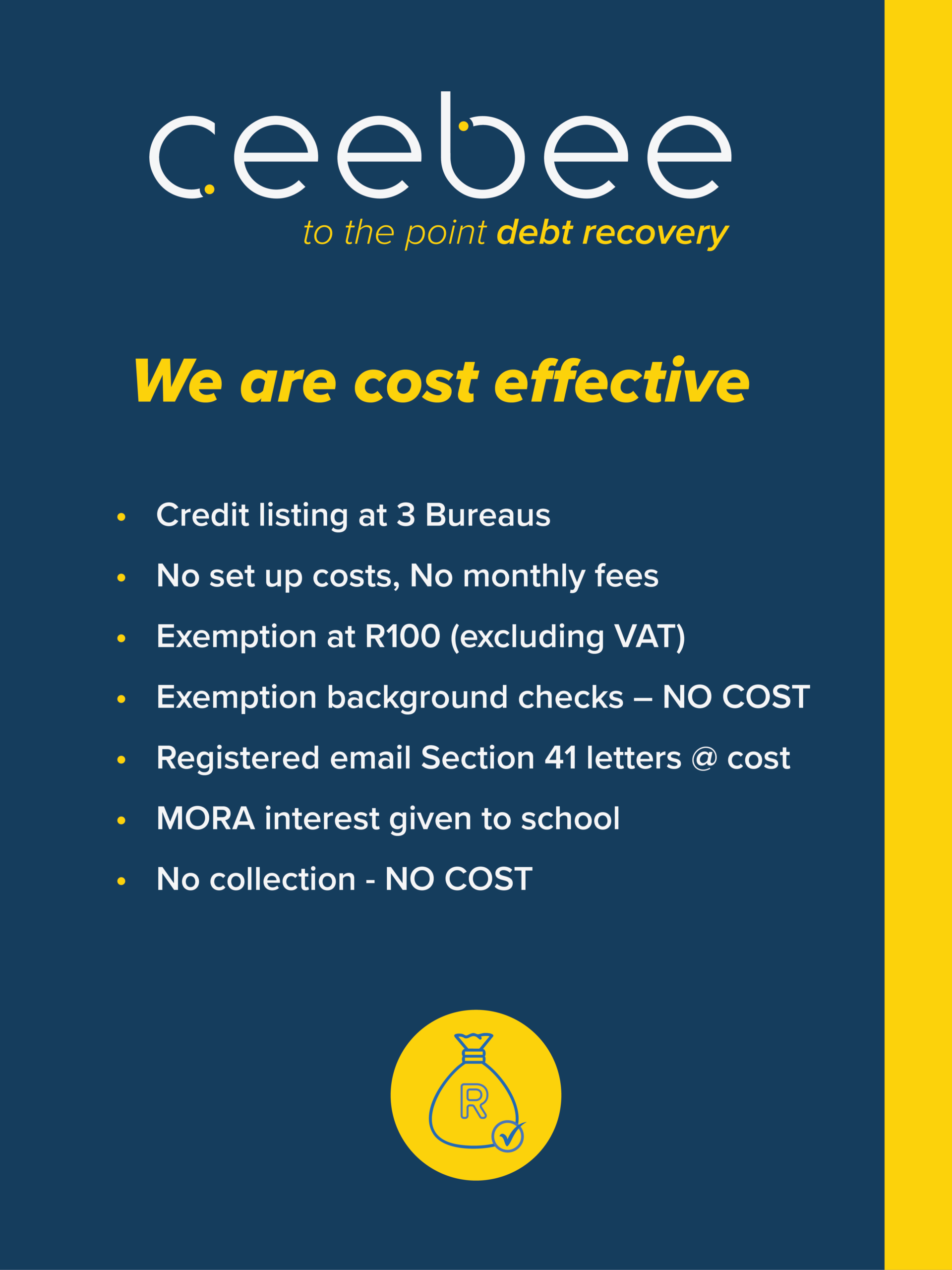 Infographic poster for a debt recovery service showing the brand name ‘ceebee’ and the tagline ‘to the point debt recovery’ on a dark blue background with a yellow border on the right, a bold yellow headline reading ‘We are cost effective’, bullet-point benefits, and a yellow circular icon with a money bag at the bottom.