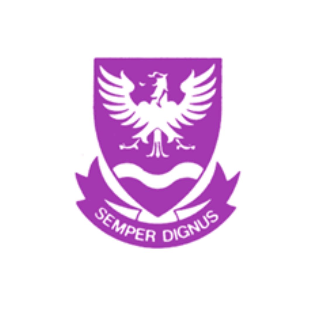 Purple shield crest with a white, outstretched-eagle central figure, curved white wave beneath, and a purple banner reading 'Semper Dignus'
